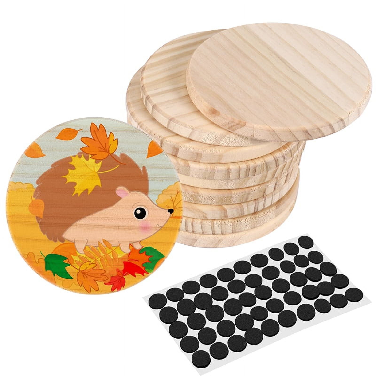 42 Unfinished Wood Coasters - 4 Inch Round, Pine Blank Coasters With Non-Slip Dots For DIY Painting, Staining, Crafts