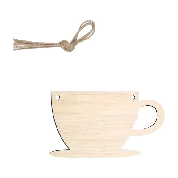 Unfinished Wood Coffee Cup Cutouts 50 Pack with Twine for Diy Craft Projects