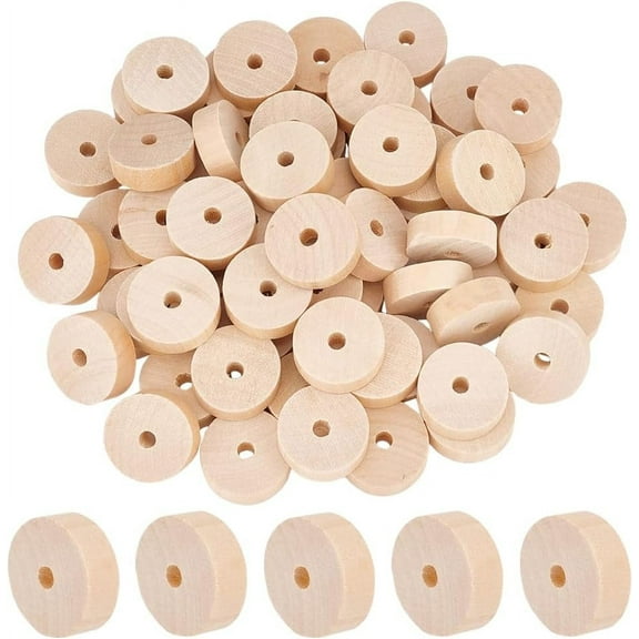 Unfinished Wood Discs Flat Round Wood Cutout Pale Goldenrod 2.9~3x1cm Hole: 6.5~7mm