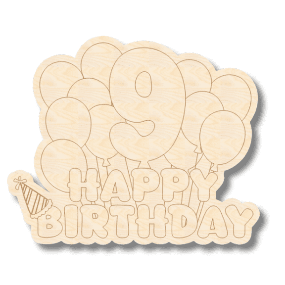 Unfinished Wood Etched 9th Birthday Balloons Shape 3" / 1/4"