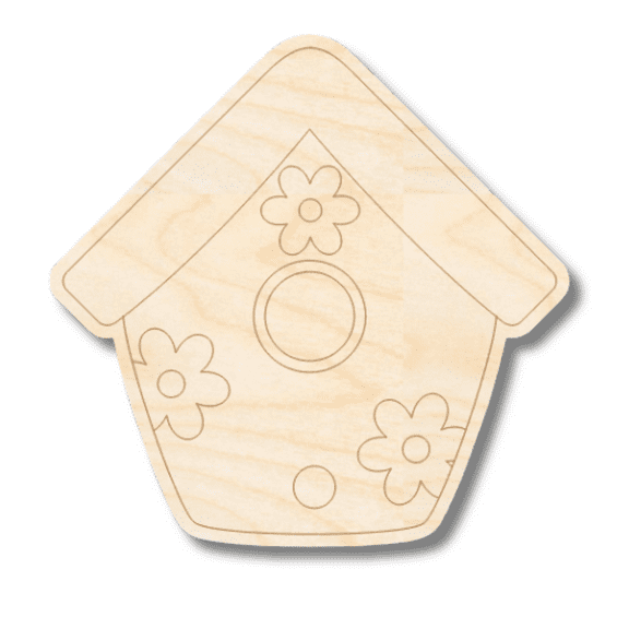Unfinished Wood Etched Bird House Shape 3" / 1/8"