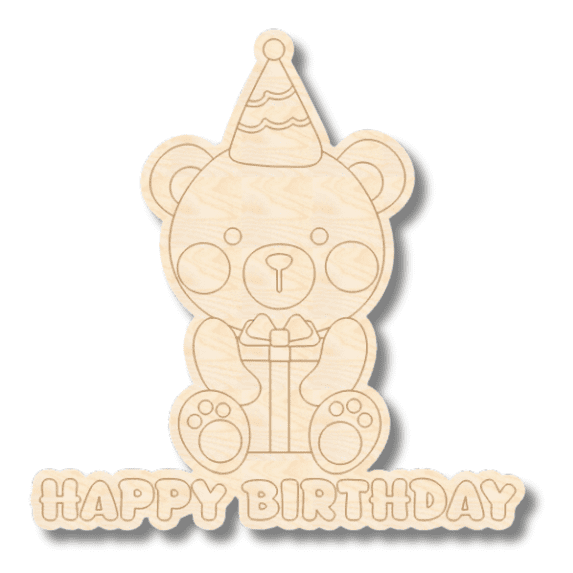 Unfinished Wood Etched Birthday Bear with Gift Shape | Paint By Line Crafts 18" / 1/8"