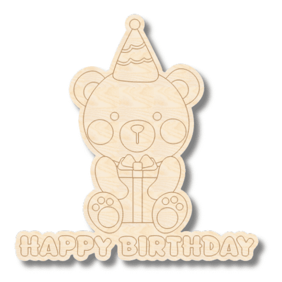 Unfinished Wood Etched Birthday Bear with Gift Shape 3" / 1/4"