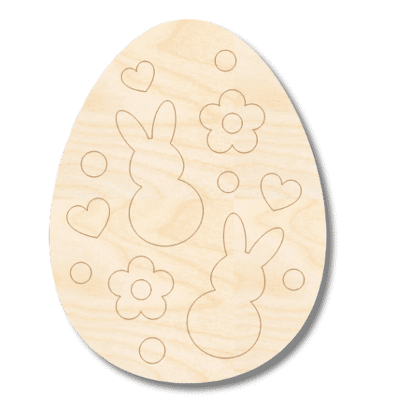 Unfinished Wood Etched Flower And Bunny Pattern Egg Shape | Paint By Line Crafts 6" / 1/8"