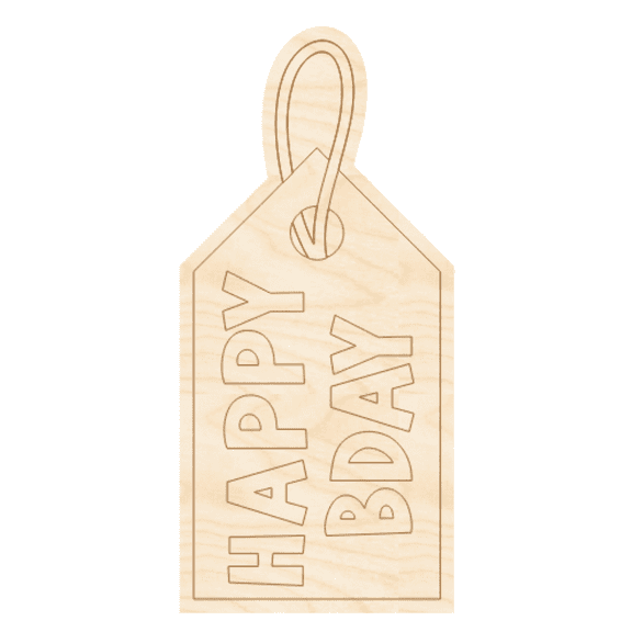 Unfinished Wood Etched Happy Bday Gift Tag Shape 3" / 1/8"