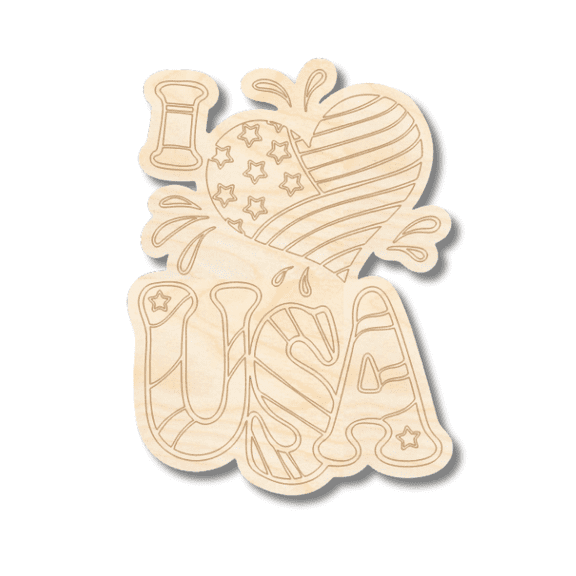 Unfinished Wood Etched I Heart USA Shape | Paint By Line Crafts 20" / 1/4"