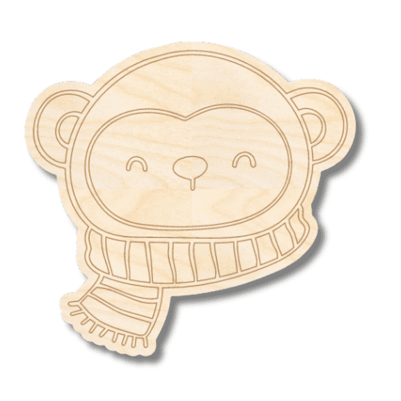 Unfinished Wood Etched Monkey with Scarf Shape | Paint By Line Crafts 5" / 1/8"