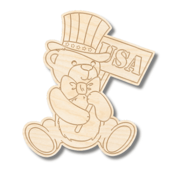 Unfinished Wood Etched Patriotic Bear Shape 8" / 1/4"