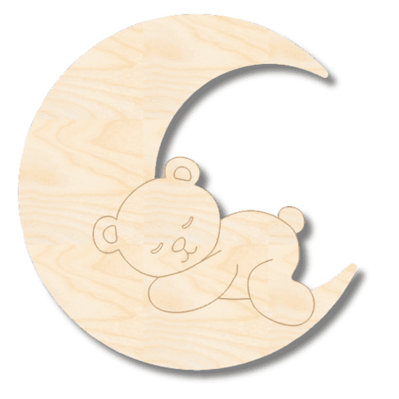 Unfinished Wood Etched Sleeping Bear on Moon Shape | Paint By Line Crafts 14" / 1/4"