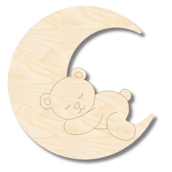 Unfinished Wood Etched Sleeping Bear on Moon Shape 3" / 1/8"