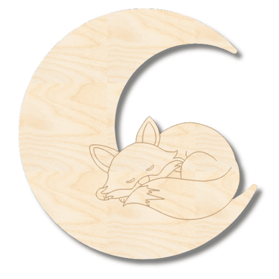 Unfinished Wood Etched Sleeping Fox on Moon Shape 10" / 1/4"