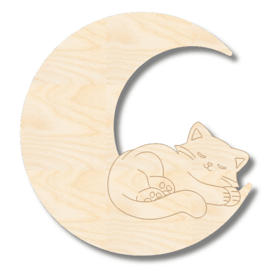 Unfinished Wood Etched Sleeping Kitten on Moon Shape 7" / 1/8"
