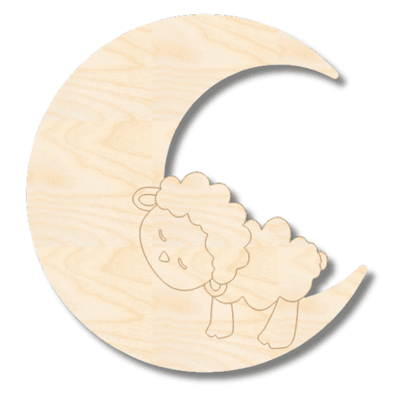Unfinished Wood Etched Sleeping Lamb on Moon Shape | Paint By Line Crafts 3" / 1/4"