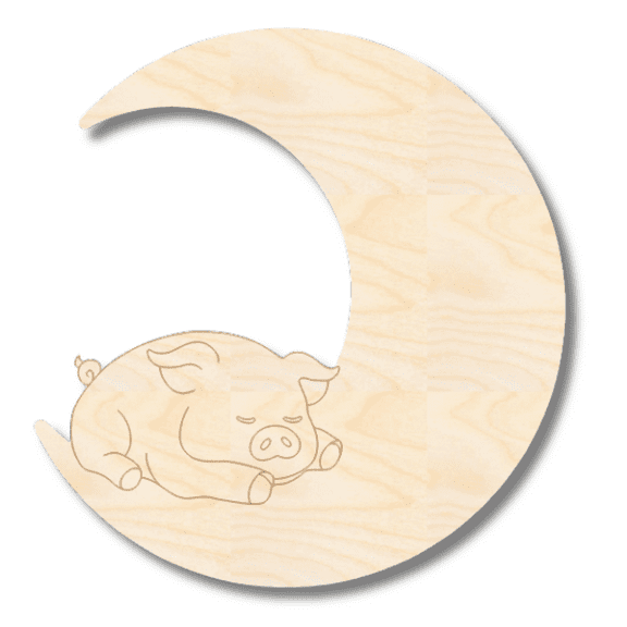 Unfinished Wood Etched Sleeping Pig on Moon Shape 3" / 1/8"