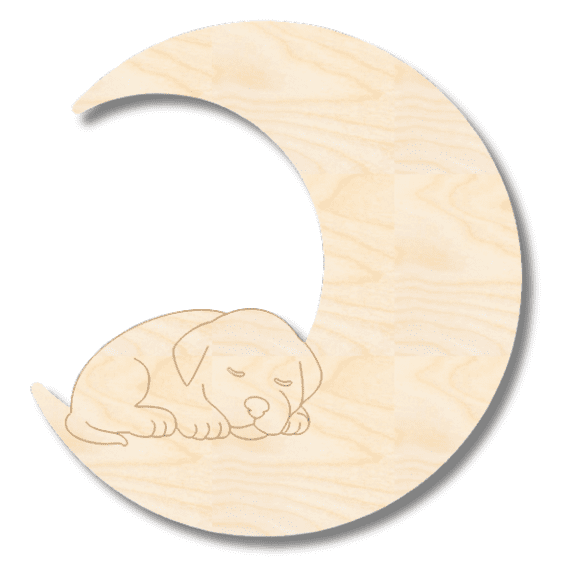 Unfinished Wood Etched Sleeping Puppy on Moon Shape | Paint By Line Crafts 3" / 1/8"