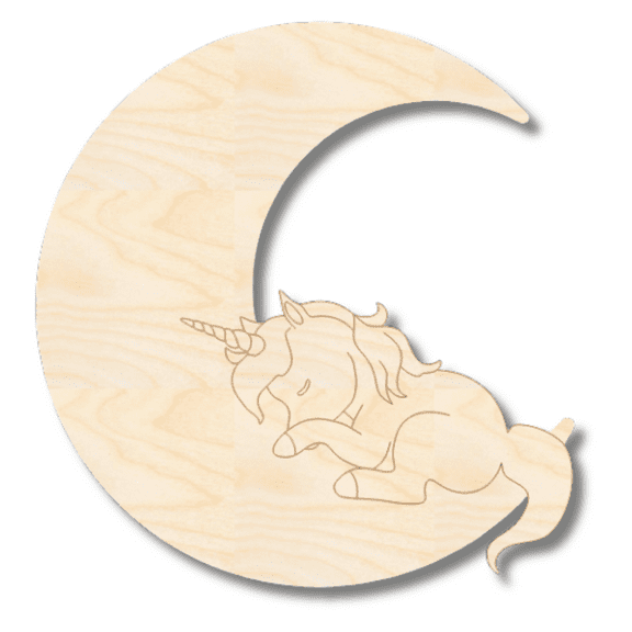 Unfinished Wood Etched Sleeping Unicorn on Moon Shape 7" / 1/4"