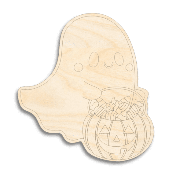 Unfinished Wood Etched Trick Or Treating Ghost Shape | Paint By Line Crafts 12" / 1/4"