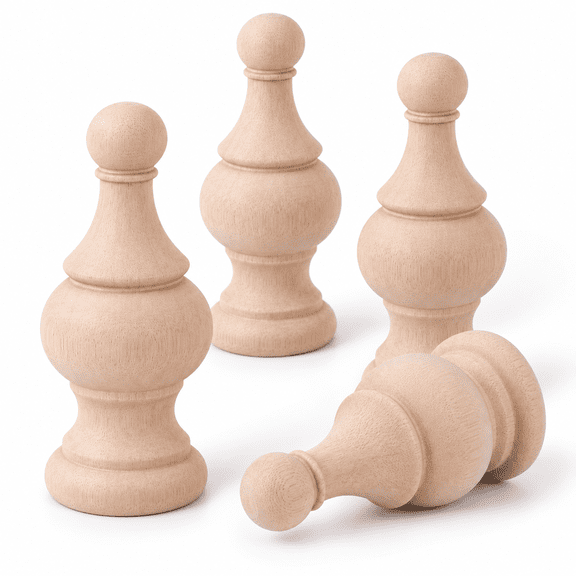 Unfinished Wood Finials, 4-Pack 5.9 Inch Decorative Caps for Beds, Curtain Rods and DIY Crafts