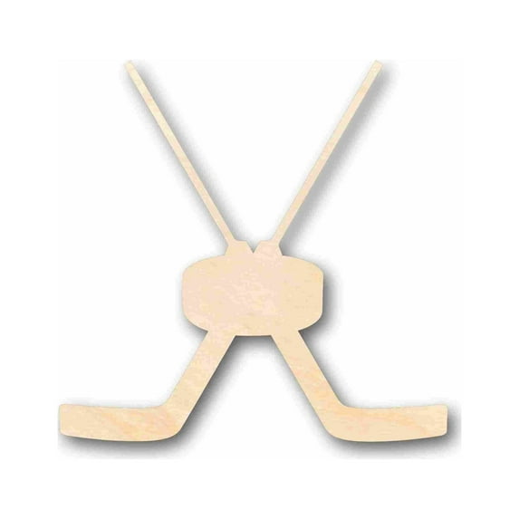 Unfinished Wood Goalie Hockey Sticks Pair with Puck Silhouette - Craft- up to 46" DIY 12" / 1/8"