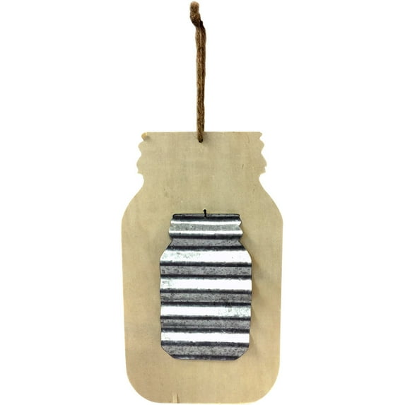 Unfinished Wood Shape W/Corrugated Metal-Mason Jar