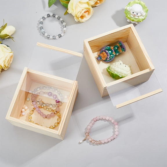 Unfinished Wood Storage Gift Box with Visible Acrylic Slide Lid Wooden Sliding Case for Christmas Wedding Party Gift Storage Square
