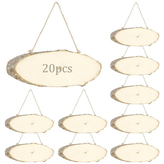 20 Pcs Blank Wooden Signs, 10 x 4 in Oval Wood Slices for Crafts with Bark, Unfinished Wooden Signs with Hanging Rope for DIY Painting, Pyrography, Wedding, Door Hanger, Natural Rustic Home Decor