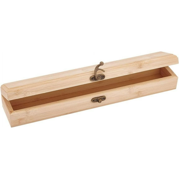 Unfinished Wooden Box - 12x2.2x1.8 Inch Rectangular Pencil Bamboo Storage Box with Hinged Lid and Front Clasp for Crafting and Making