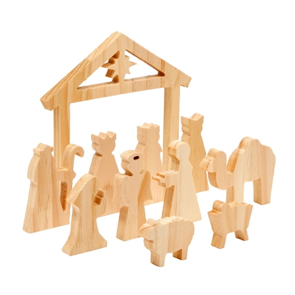 Unfinished Wooden Nativity Scene Set, DIY Christmas Decoration Crafts (11 Pieces)