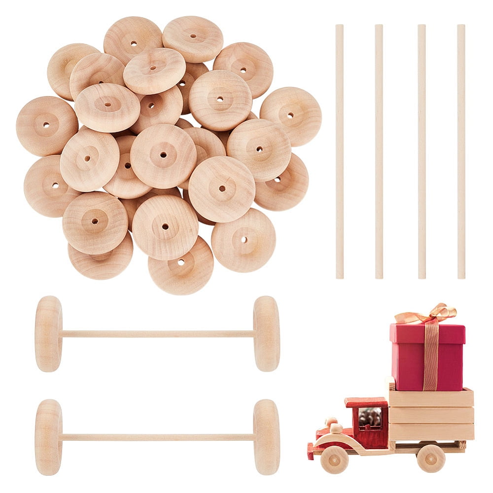 Unfinshed Wood Wheel & Stick DIY Wooden Craft Children Toys BurlyWood Wheel: 5x1.6cm Hole: 6mm Stick: 15x0.5cm DIY