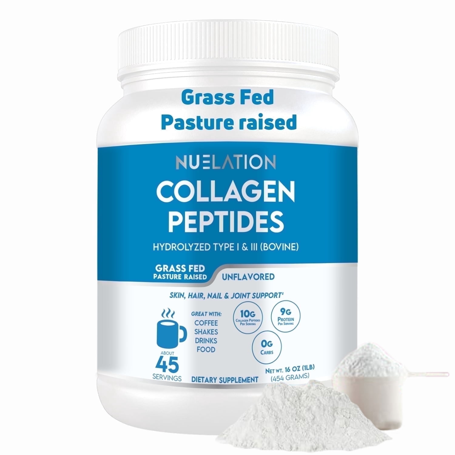 Nuelation Collagen Peptides Powder, Unflavored, Type I & III, Hydrolyzed Bovine, 1 lb – 45 Servings, Protein Supplement