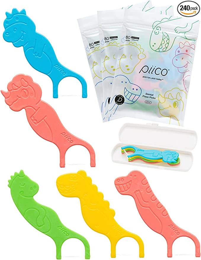 Unflavored Kids Floss - No Fluoride Dual Line Dental Floss Picks - Fun Oral Care in Colorful Floss Sticks Design - Kids Flossers Prevent Tooth Decay & Gum Disease - 240 Count Dino & Travel Case