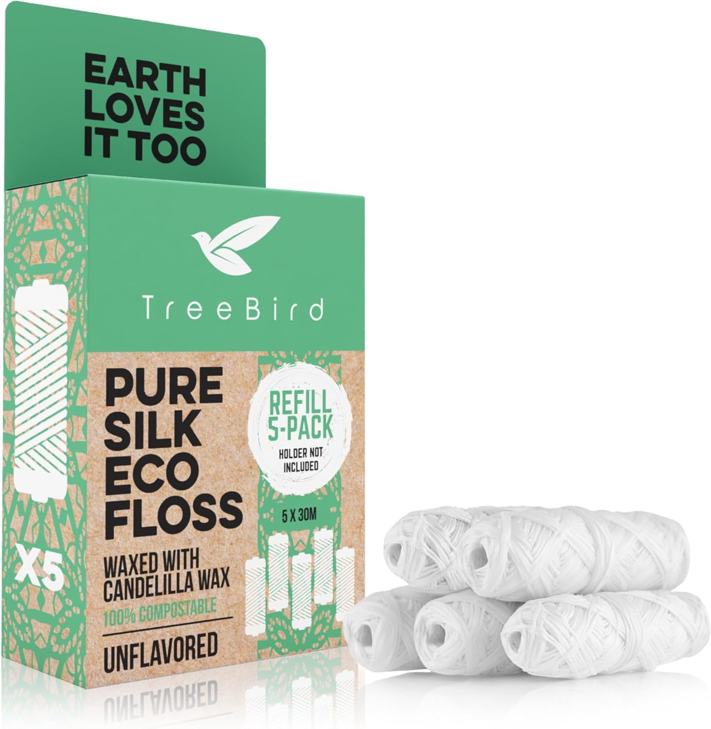Unflavored Pure Silk Eco Floss Refills | Pack of 5 x 33yd Silk Dental Floss Spools | Waxed with Candelilla Wax
