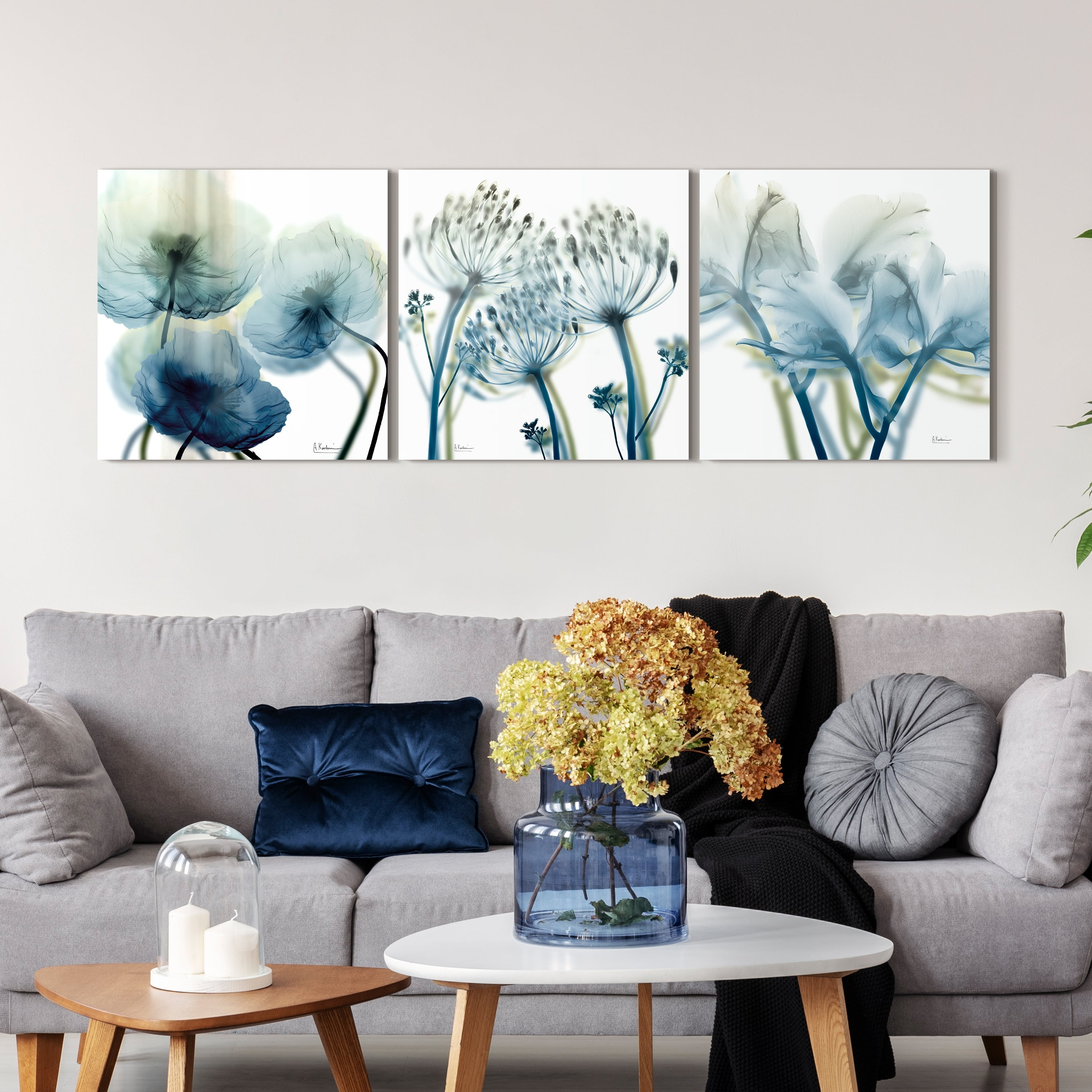 Unfocused Beauty Triptych Blue and White Glass Landscape Wall Art