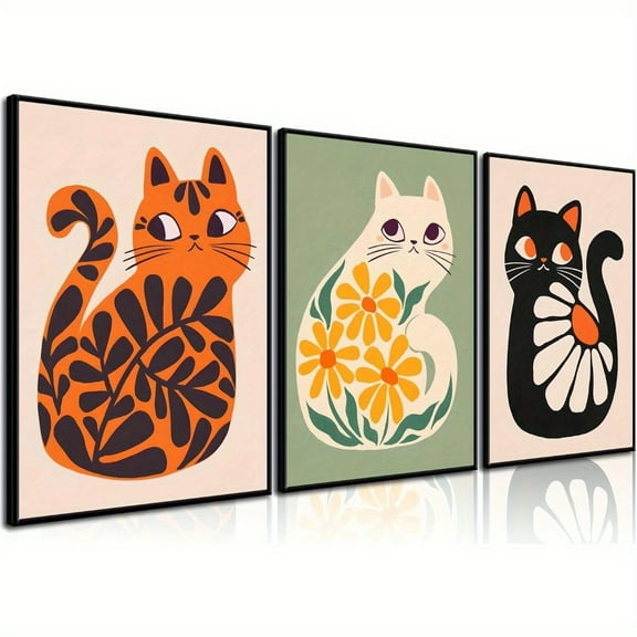 Unframed 3pcs Boho Cats Wall Art Mid Century Modern Orange Cats, Pictures for Living Room Bedroom Bathroom Wall Decor 20.32x25.4cm