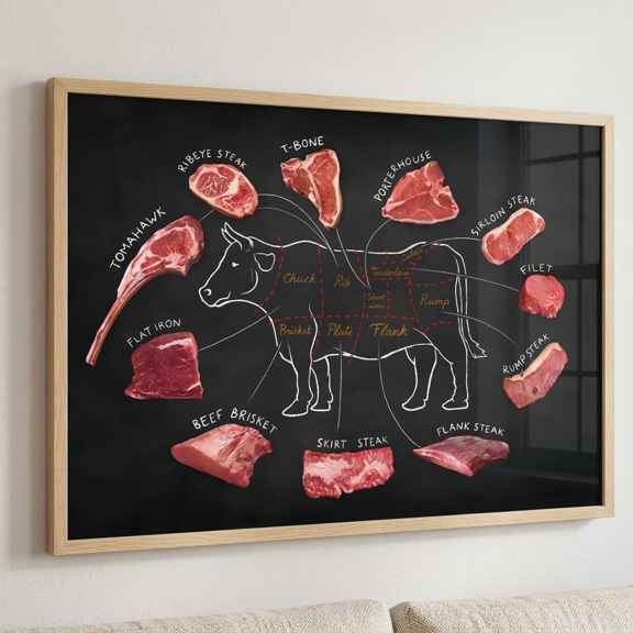 Unframed Beef Cuts Chart Butcher Guide Meat Poster Kitchen Wall Art Decor Print