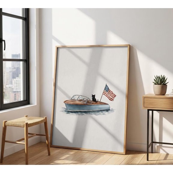 Unframed Black Cat in Boat American Flag Wall Art Patriotic Cat Poster Vintage Americana Print