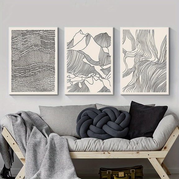 Unframed Canvas Artwork Featuring a Three-Piece Nordic Design with Black And White Abstract Geometric Lines, Distant Mountains, And Flowing Water, Perfect for Decorating Bedrooms, Living Rooms, Offi