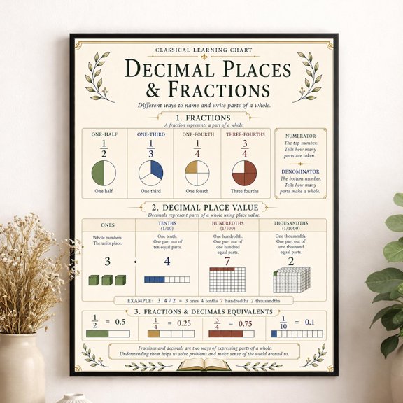 Unframed Decimal Places and Fractions Chart Educational Math Classroom Reference Wall Art Print Poster