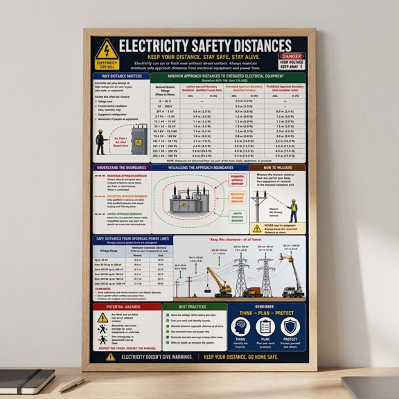 Unframed Electricity Safety Distances Poster Matte Vertical Educational Chart for Power Line and Electrical Safety Training