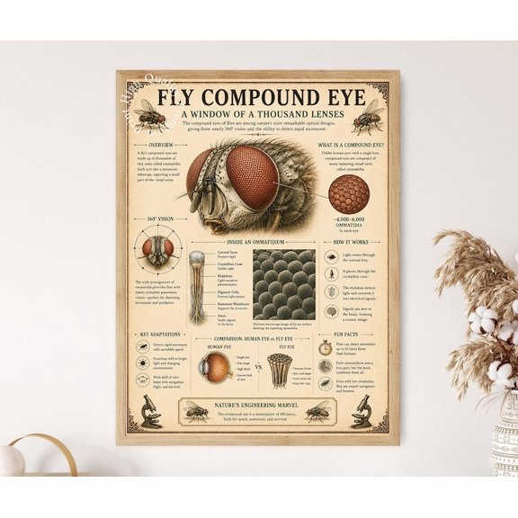 Unframed Fly Compound Eye Microscopic Anatomy Poster Insect Vision Chart Entomology Science Wall Art Print