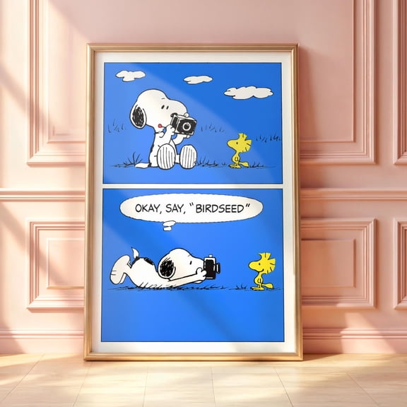 (Unframed) Funny Snoopy Comic Wall Art, Photography Cartoon Print, Retro Comic Strip Poster, Camera Humor Wall Decor, Blue Minimal Art