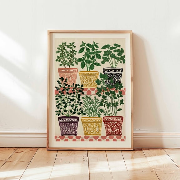 (Unframed) Herb Garden Poster, Plant Pot Print, Botanical Wall Art, Colorful Kitchen Decor Poster, Mediterranean Plant Print, Herb Lover Gift Poster