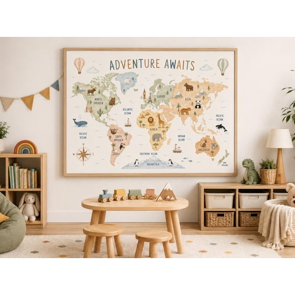 Unframed Kids World Map Poster Educational Geography Wall Art for Playroom Classroom