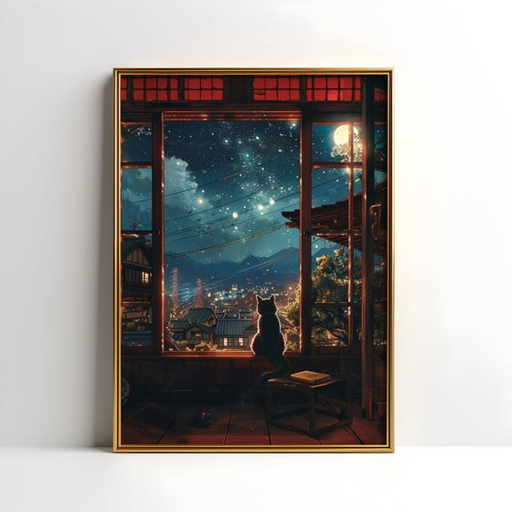 (Unframed) Lofi Cat Japanese Anime Art Print | Japanese Lofi Poster | Dreamy Lofi Print | Anime Aesthetic Lofi Wall Art Decor | Studio Ghibli Poster