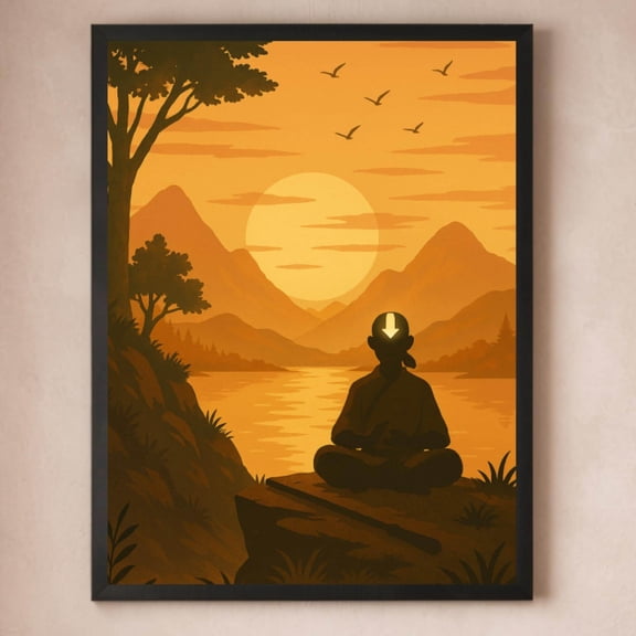 (Unframed) Minimalist Avatar Sunset Wall Art, Avatar Aang at Peace, Peaceful Anime Wall Decor, Zen Aang Poster, Calm Sunset Meditation Anime Artwork