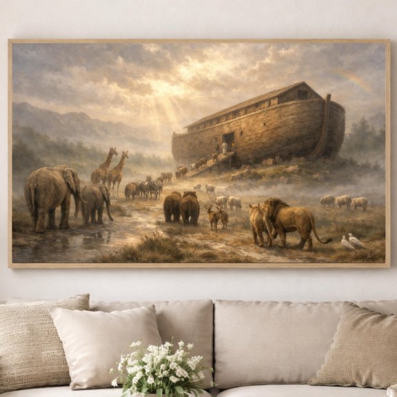 (Unframed) Noah’s Ark Christian Wall Art Poster, Animals Entering the Ark Art Print, Genesis Bible Story Artwork, Faith Based Home Decor