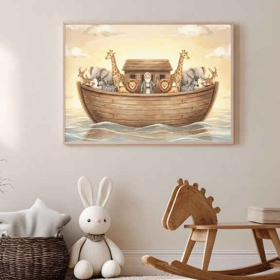 (Unframed) Noah’s Ark Nursery Wall Art Print Poster, Christian Baby Room Decor, Bible Story Animal Art, Neutral Watercolor Nursery