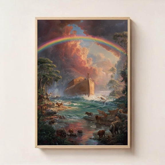 (Unframed) Noah's Ark Wall Art, Bible Story Rainbow Poster, Christian Print for Kids Room, Faith-Based Animal Artwork