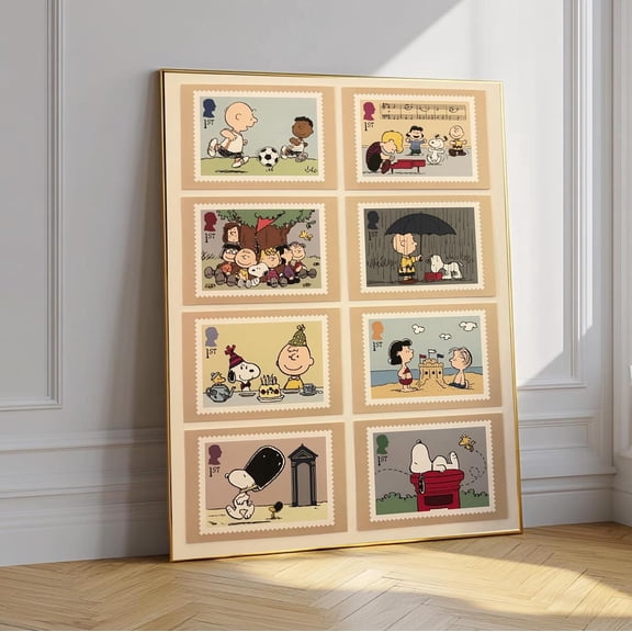 (Unframed) Peanuts Snoopy Stamp Collage Poster, Charlie Brown Comic Wall Art Print
