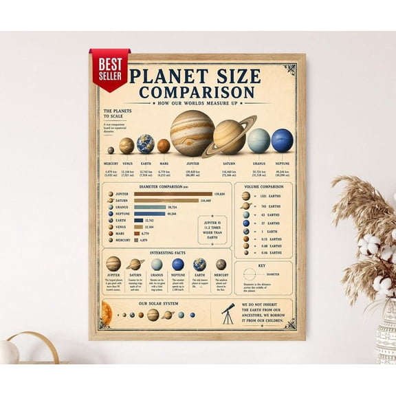 Unframed Planet Size Comparison Chart Solar System Scale Poster Astronomy Wall Art